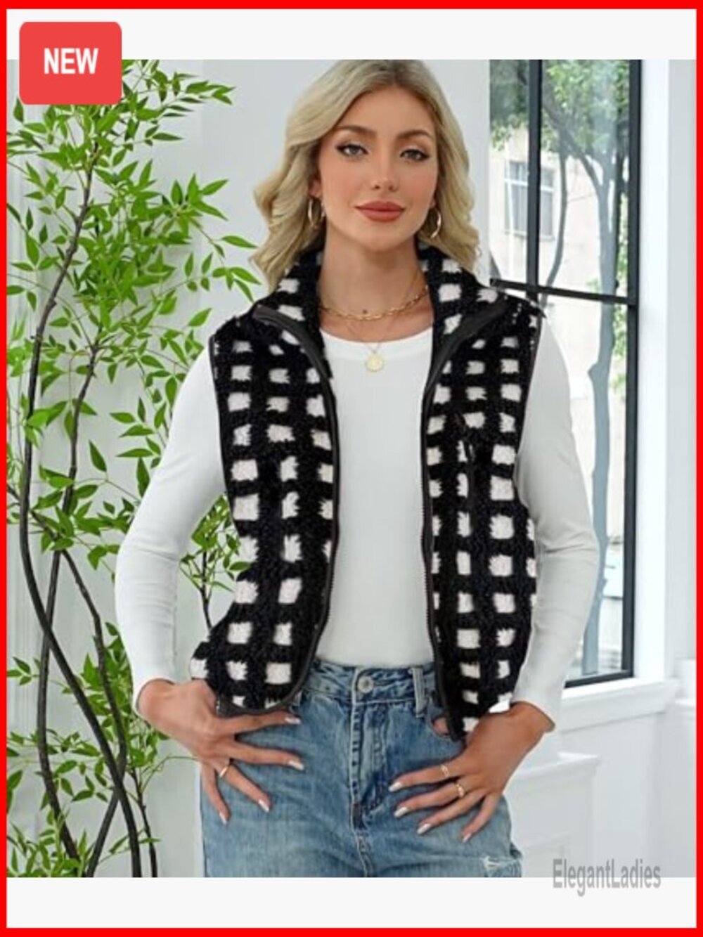 Sleeveless Fleece Vest with Sherpa Lining, Fitted Winter Top - Picture 3 of 5